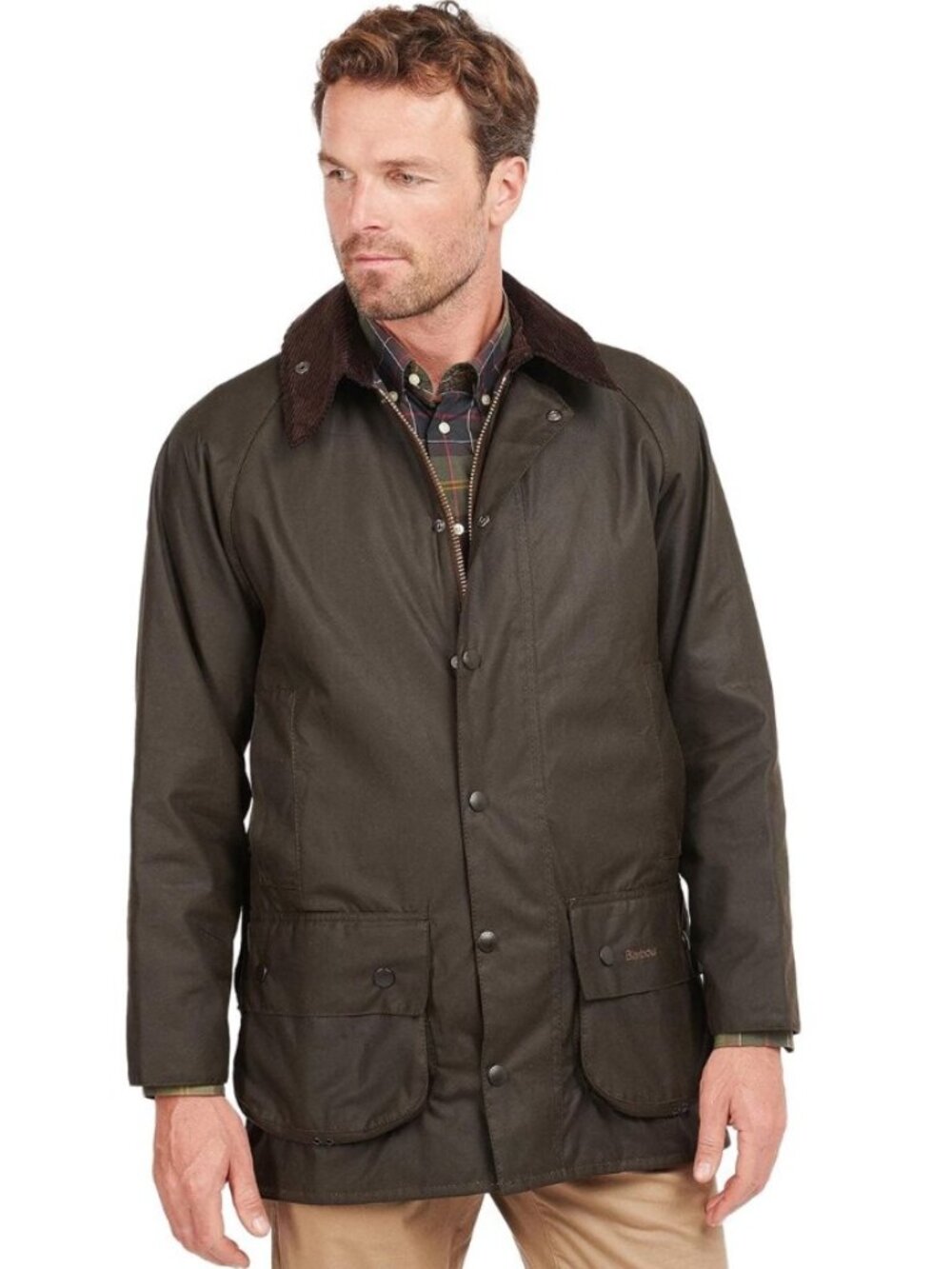 Barbour Classic Beaufort Wax Jacket Olive Brown Corduroy Collar Tartan Lining 44